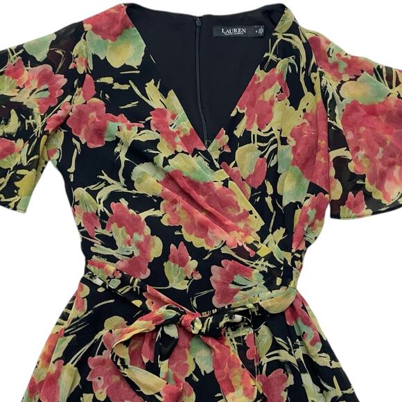 Lauren Ralph Lauren size 0 Floral Print Georgette A-Line Sleeve Midi Dress - Picture 3 of 11
